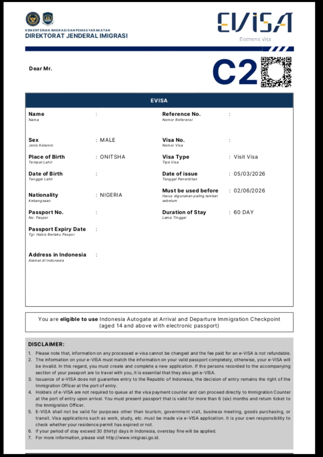 C1 - Single Entry Tourist Visa (B211) - Image 3