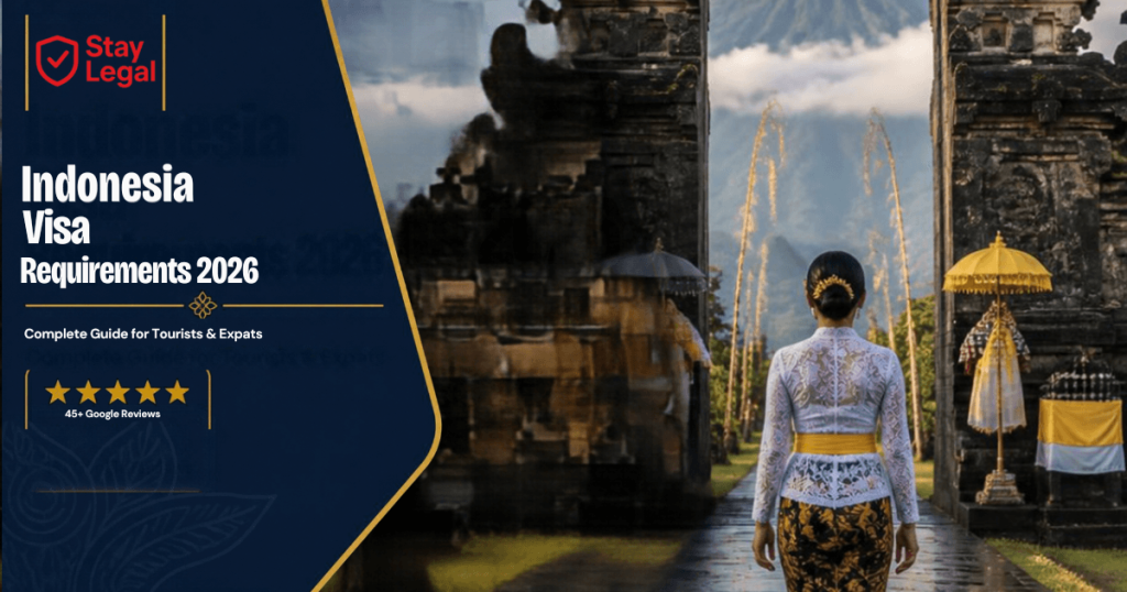 Indonesia visa requirements 2026 guide banner with Stay Legal logo and Bali temple background