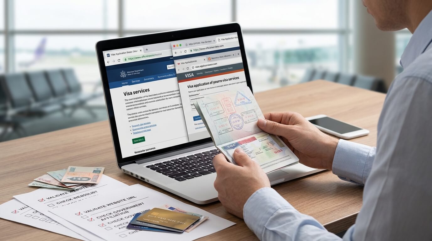 Traveler checking Indonesian visa documents on a laptop before paying an agency