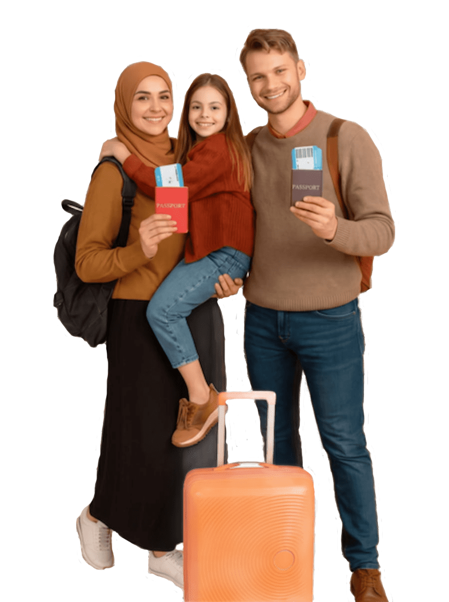 Happy family with passports ready to travel to Indonesia