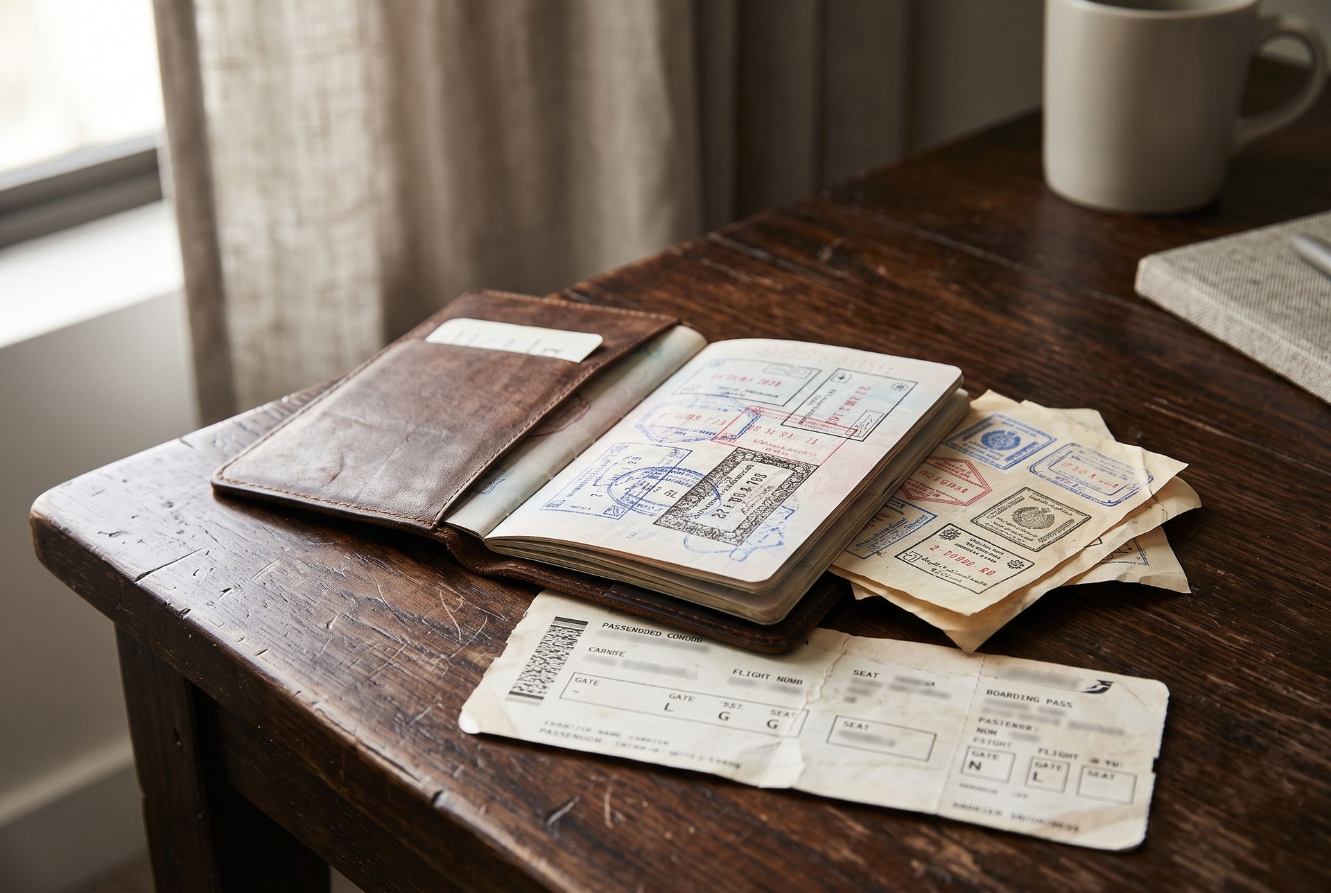 Passport with travel stamps and boarding passes prepared for an Indonesian visa application