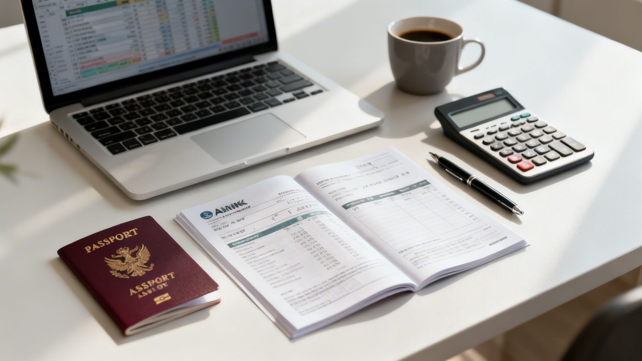 Calculator, passport, and budget documents used to plan a working KITAS budget in Indonesia